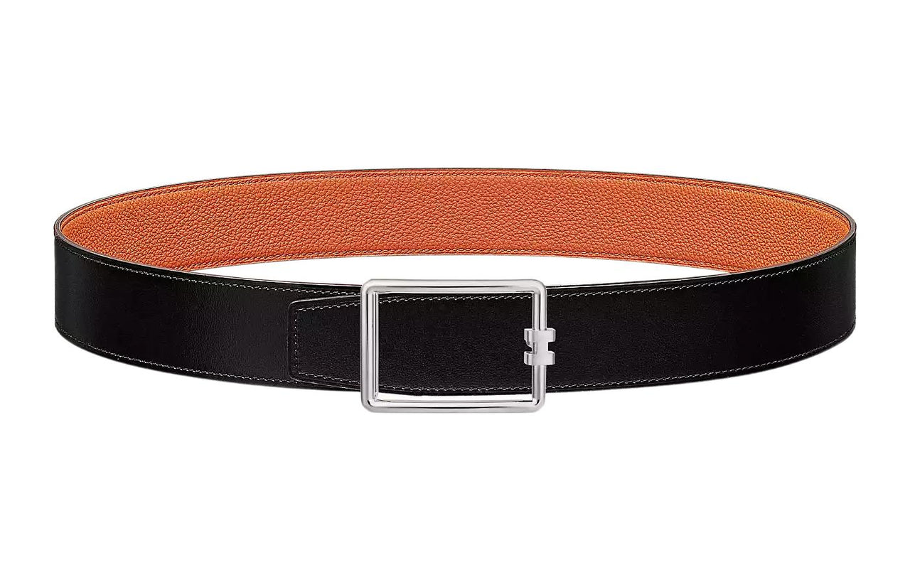 HERMES Comfortable Silver Buckle Togo Calfskin Double-Sided Belt Men's Black/Orange Width: 3.8cm