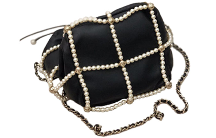 CHANEL Pearl Drawstring Bag, Shoulder Bag, Crossbody Bag Small Size Women's Black
