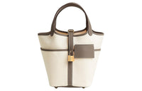 HERMES Picotin Lock Goeland Canvas And Swift Calfskin Basket Bag Handbag Unisex Light Beige & Elephant Gray