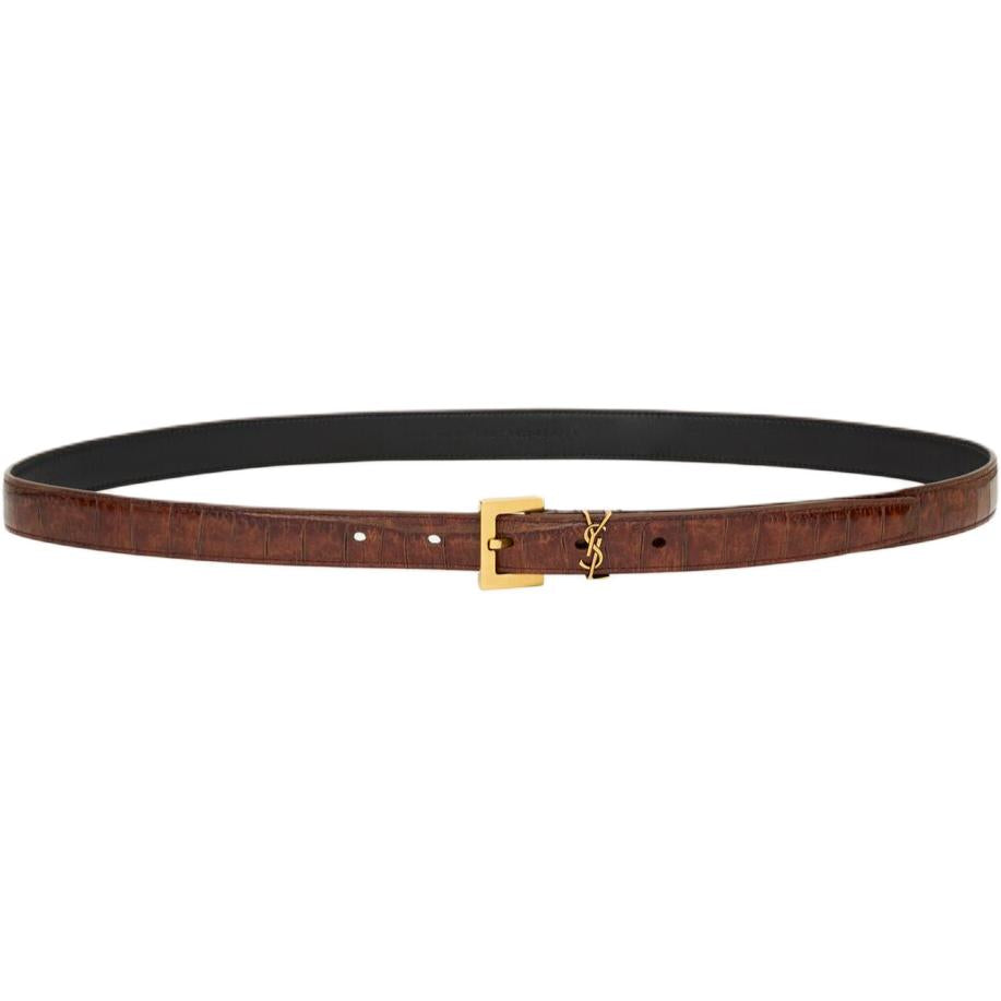 SAINT LAURENT Calfskin Brass Leather Belts Women's Brown 2CM