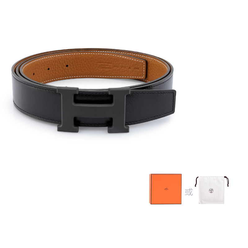 HERMES Togo Calfskin Double Sided Leather Belt Men's Black/Gold Width 3.2cm