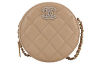 CHANEL Embossed Shiny Calfskin Round Cake Bag Shoulder Bag Crossbody Bag Regular Women's Beige