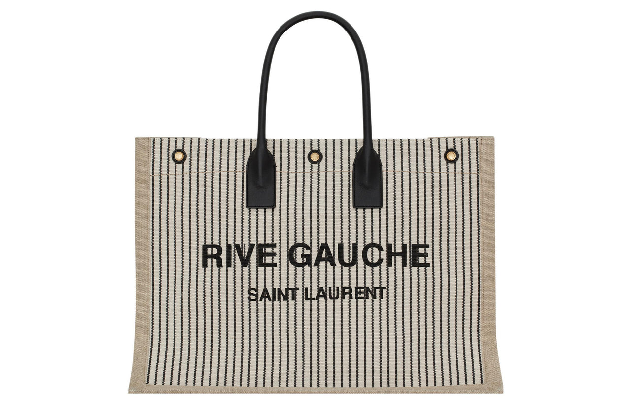 SAINT LAURENT Rive Gauche Fabric With Cow Leather Tote Bag, Shopping Bag, Handbag Unisex Cream Gray/Black