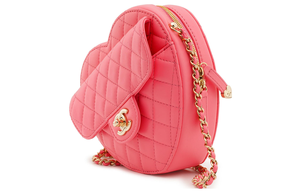 CHANEL Lambskin Heart-Shaped Bag Peach Heart Bag Shoulder Bag Crossbody Bag Women's Coral Pink