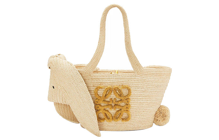 LOEWE Raffia Fiber Cow Leather Patchwork Handbag Small Size Women's Original