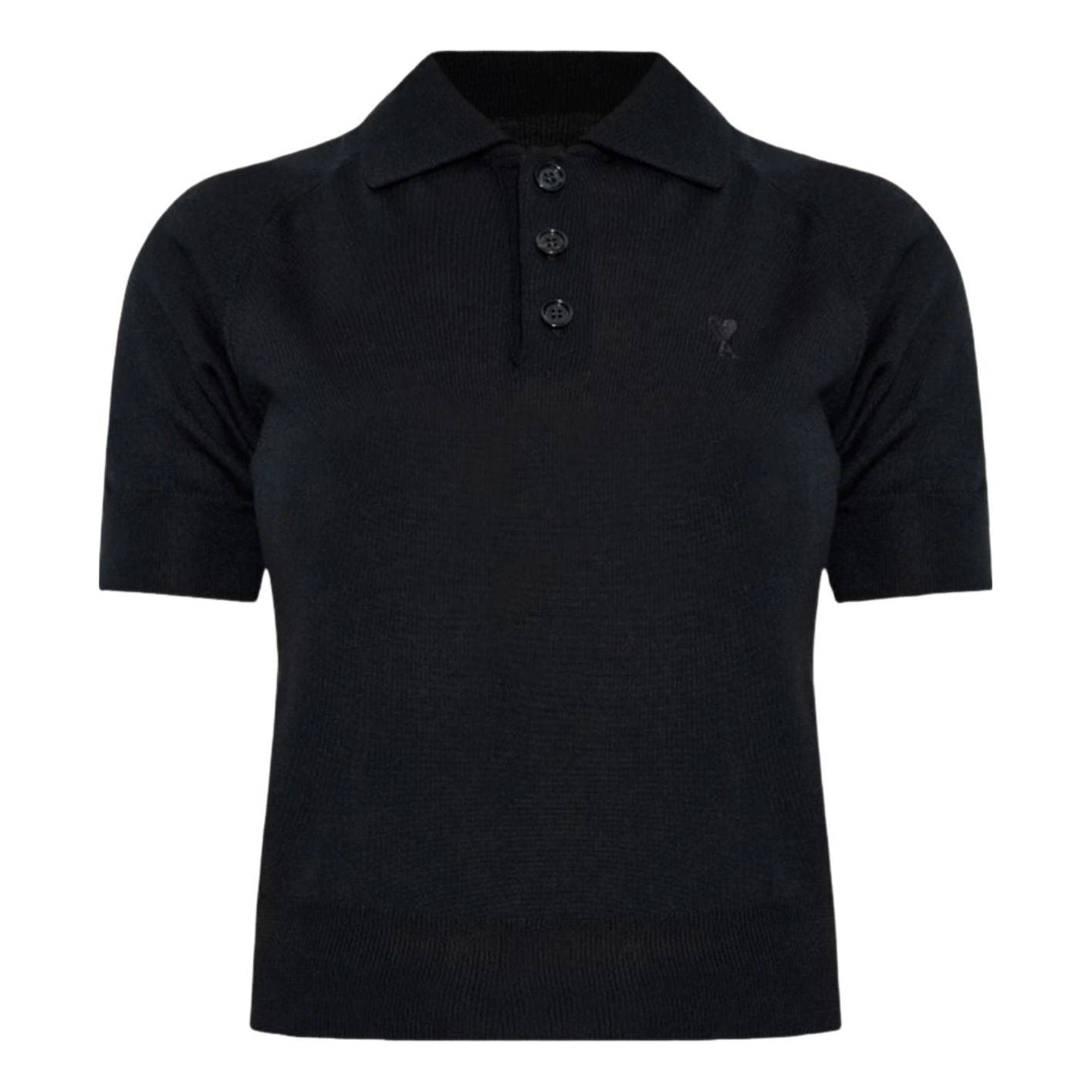 (WMNS) AMI Tone-on-Tone Heart Logo Merino Knit Wool Short Sleeve Polo 'Black' FPL439-KN0039-0180