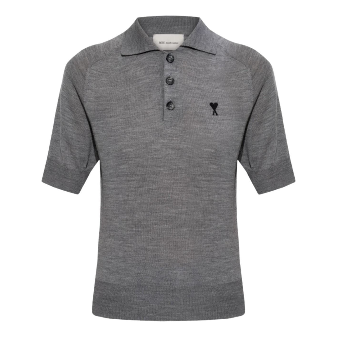 (WMNS) AMI Tone-on-Tone Heart Logo Merino Knit Wool Short Sleeve Polo 'Grey Black' FPL439-KN0039-0504