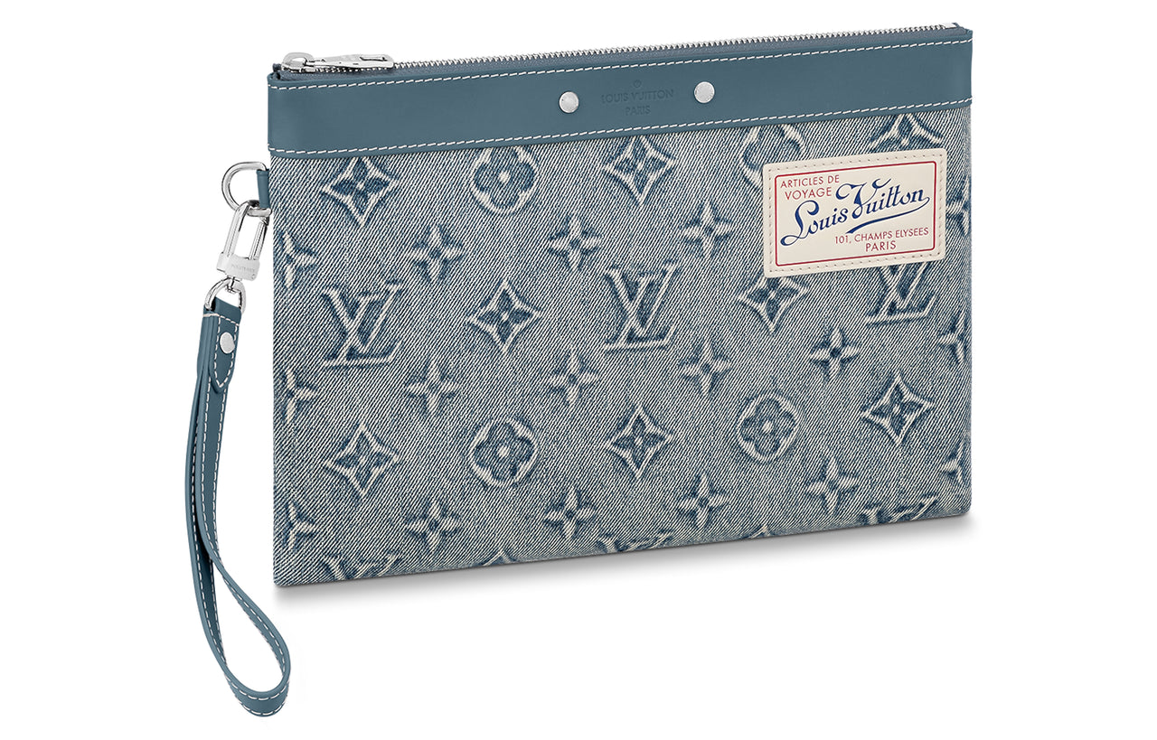 LOUIS VUITTON Pochette To-Go Canvas Cow Leather Patchwork Canvas Bag Clutches Men's Denim Blue