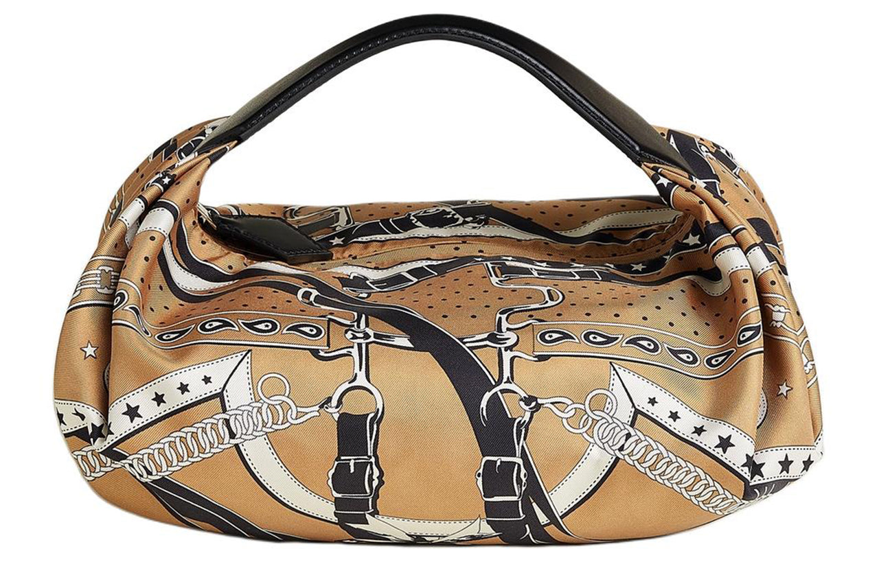 HERMES Balusoie Silk With Hunter Cow Leather Lunch Bag Handbag Women's Cookie & Black