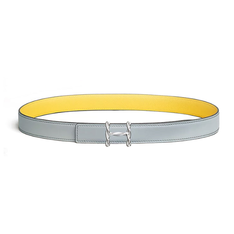 HERMES Calfskin Metal Palladium-Plated Leather Belts Women's Gray/Yellow Width 2.4CM