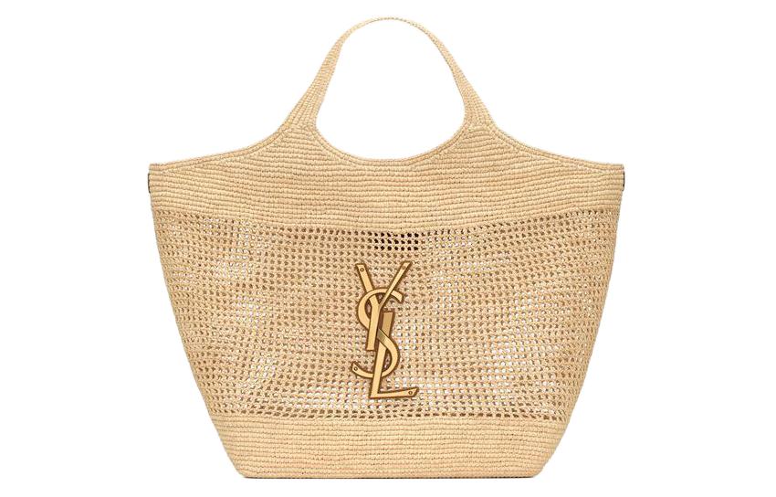 SAINT LAURENT Raffia Fiber & Calfskin & Brass Handbag Extra Large Women's Natural Gold & Palm Gold