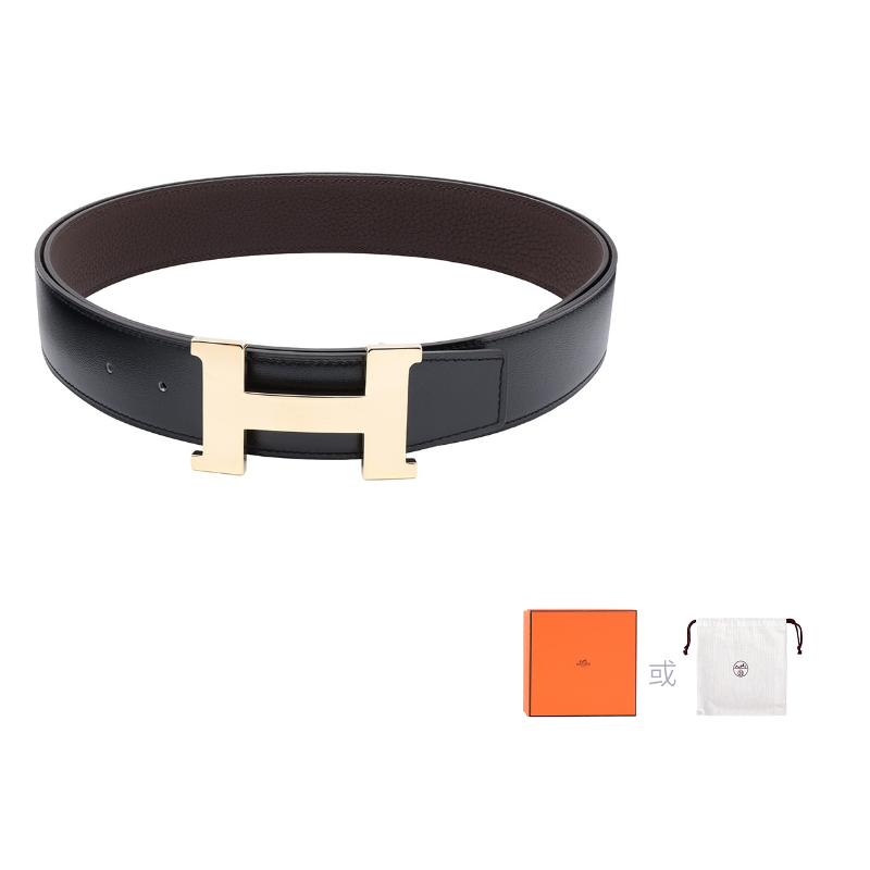 HERMES Togo Calfskin Double-Sided Leather Leather Belts Men's Black/Chocolate Width 3.8cm