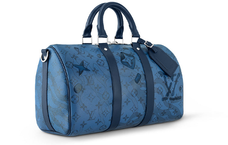 LOUIS VUITTON Keepall Coated Canvas Cow Leather Patchwork Trim Handbag Shoulder Bag Crossbody Bag Regular Women's Blue