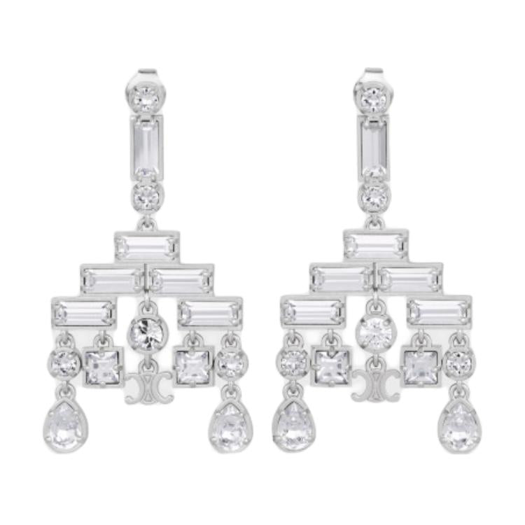 CELINE Brass, Rhinestone Earrings Women's Silver