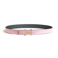 HERMES Rose Gold-Plated Metal Calfskin Leather Belts Women's Pink/Gray Width 2.4CM