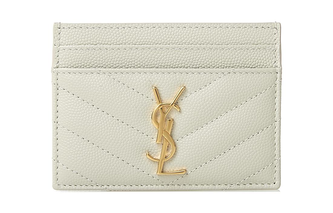 SAINT LAURENT Monogramme Quilting Leather Card Clip Card Holder Women's Vintage White