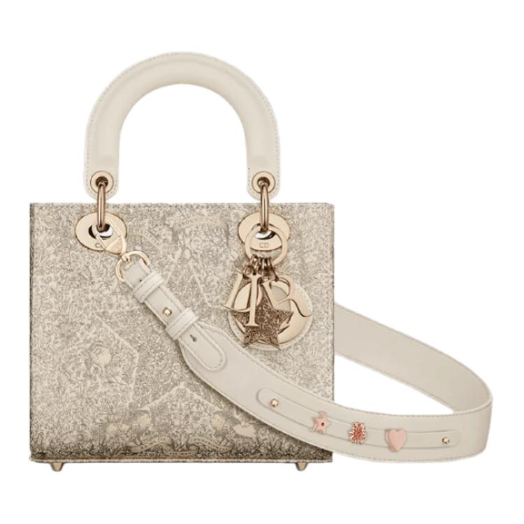 DIOR Lady Dior Around The World Print Calfskin Shoulder Bag Crossbody Bag Handbag Small Size Women's Gold