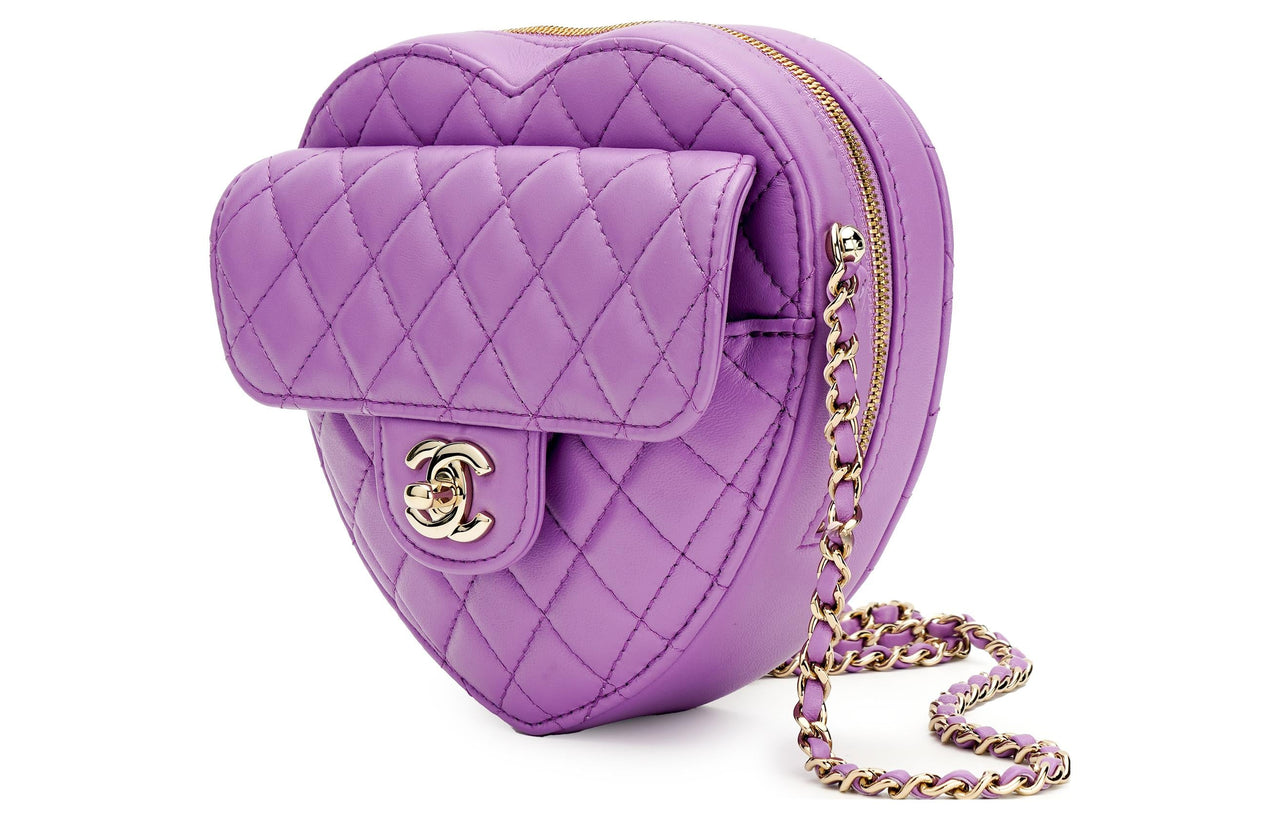 CHANEL Lambskin Heart-Shaped One Shoulder Handbag Crossbody Bag Women's Purple