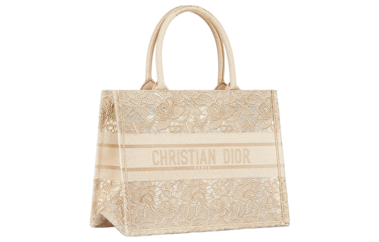 DIOR BookTote Embroidery Tote Bag Shopping Bag Handbag Medium Size Women's Gold