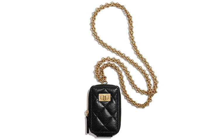 CHANEL 2.55 Cow Leather Slogan Bag Necklace Pouch Regular Unisex Black