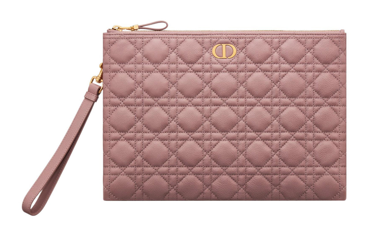 DIOR Caro Cow Leather Portable Clutch Large Size Women's Pink Peony