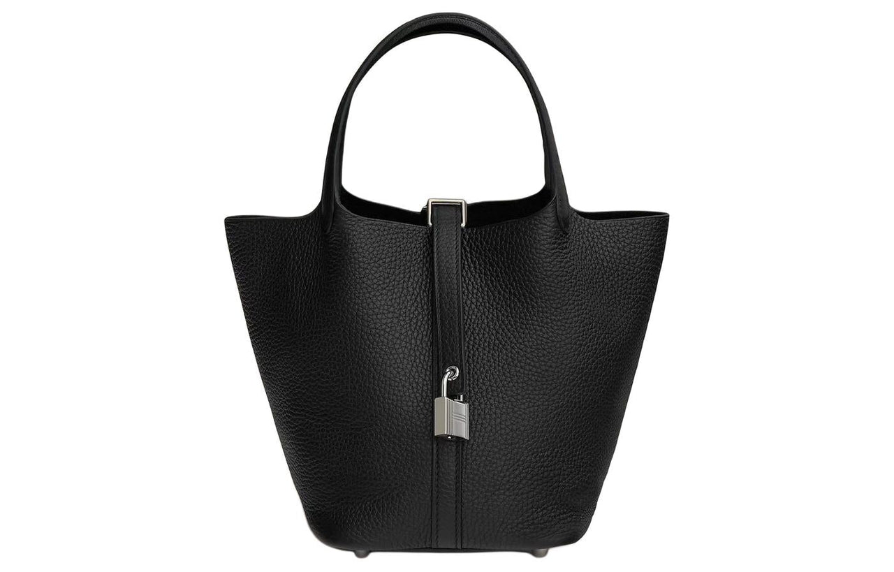 HERMES Picotin Lock Clemence Bullock Leather Combo Ostrich Leather Controller Basket Bag Handbag Women's Black