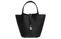 HERMES Picotin Lock Clemence Bullock Leather Combo Ostrich Leather Controller Basket Bag Handbag Women's Black