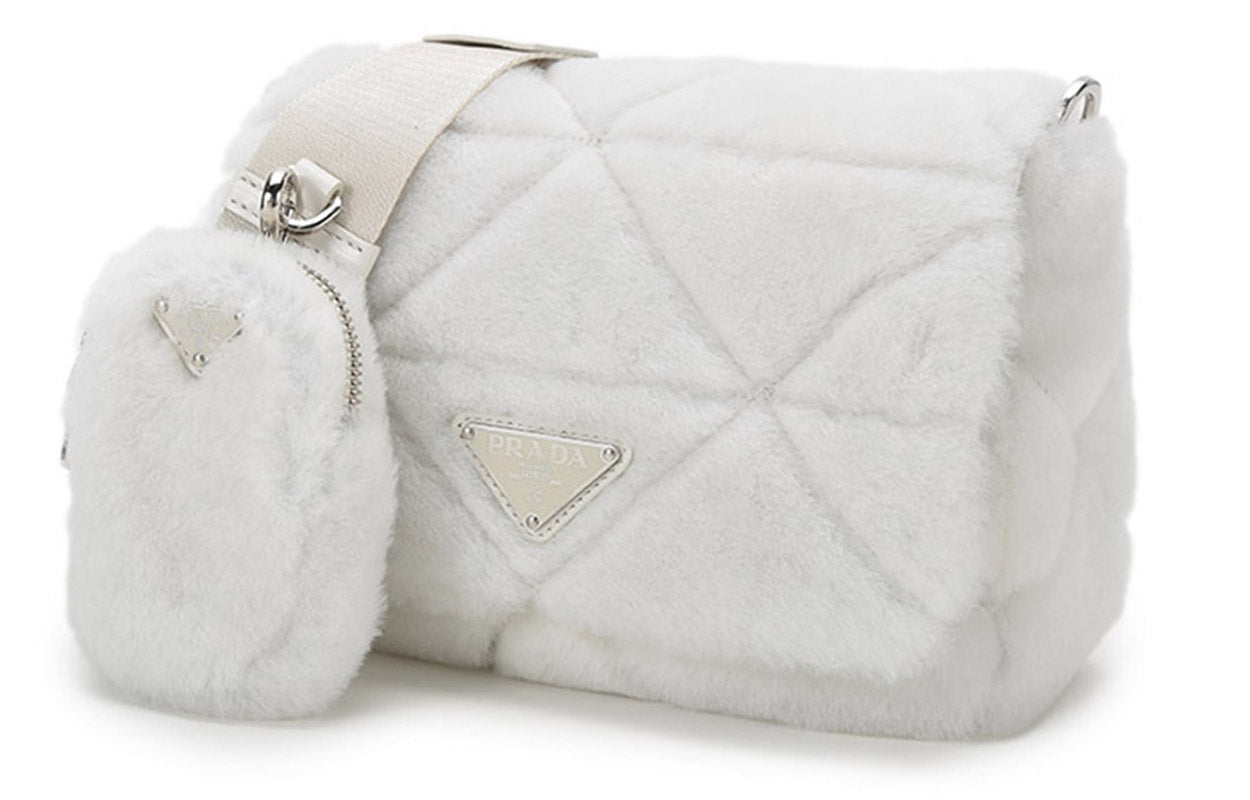 PRADA Shearling Bag Strap Crossbody Bag Shoulder Bag Women's White