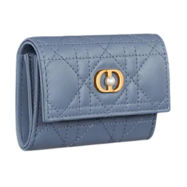 DIOR Wicker Pattern Lambskin Wallet Women's Denim Blue