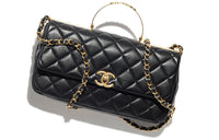 CHANEL Shiny Lambskin Rhinestone Controller Mouth Cover Bag Crossbody Bag Large Size Women's Black