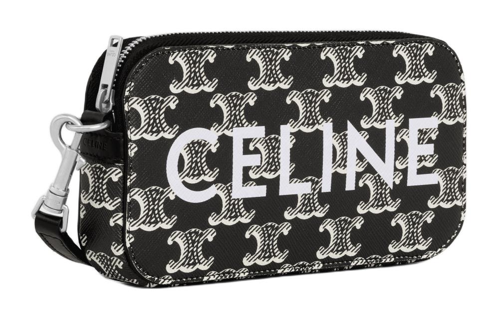 CELINE Cow Leather Binding One Shoulder Crossbody Clutches Men's Black & White