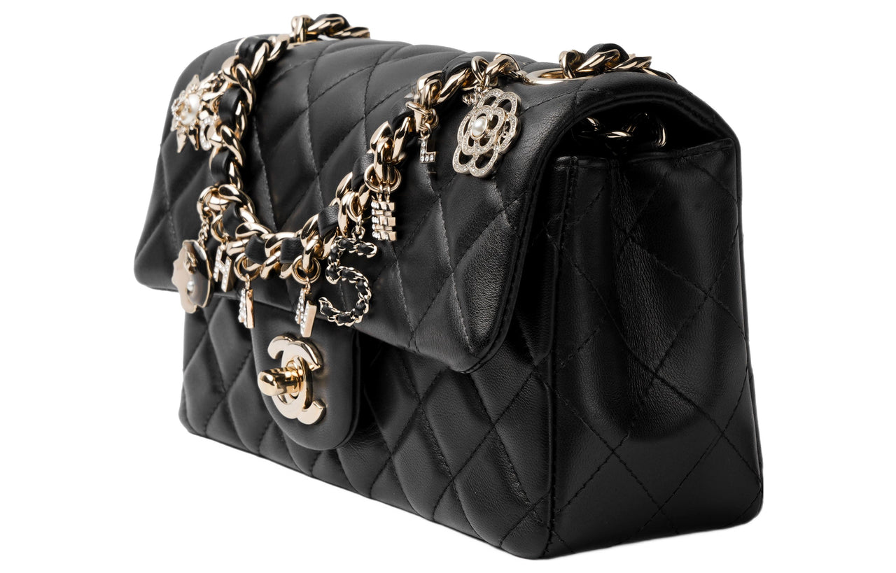 CHANEL Sheepskin Flap Chain Bag, One Shoulder Handbag Mini Women's Black Open