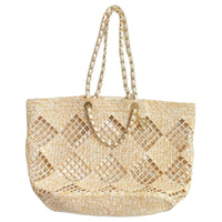 CHANEL Raffia Fiber Effect With Metal Tote Bag Shopping Bag Beach Bag One Shoulder Handbag Women's Beige