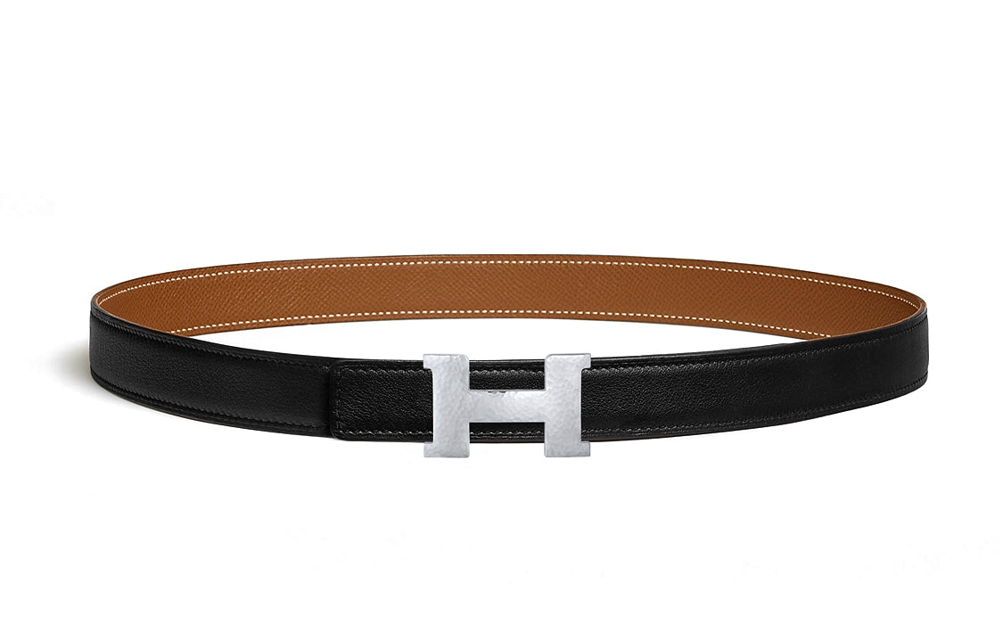 HERMES Mini Constance Hammer Pattern Smooth Buckle Leather Belts Men's Black Width 2.4CM