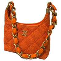 CHANEL Wool Twill Velvet Hobo Bag Shoulder Bag Crossbody Bag Small Size Women's Orange