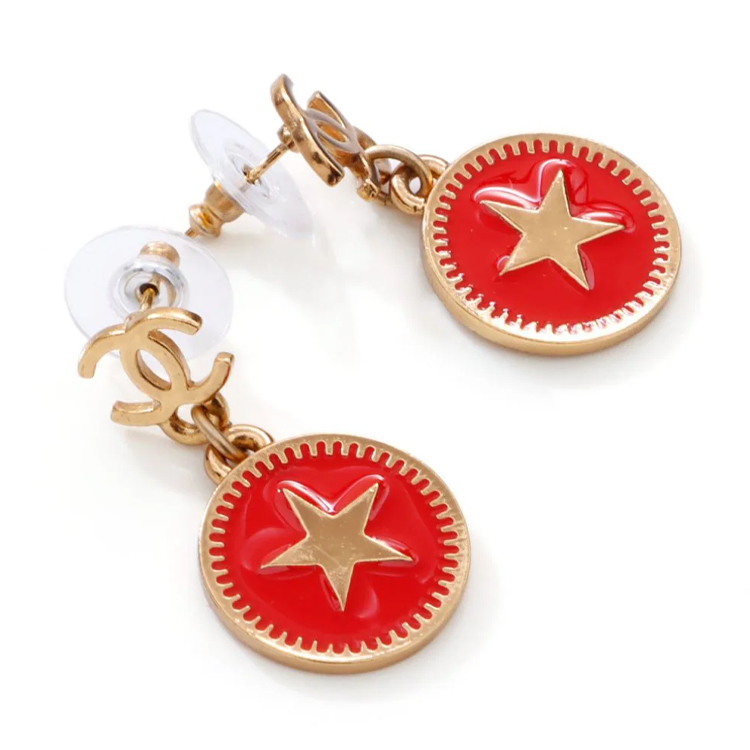 CHANEL 2001 Gold Plated Cc Pendant Earrings