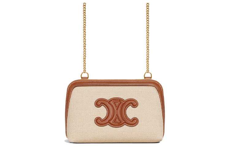 CELINE Cuir Triomphe Triumph Fabric With Cow Leather One Shoulder Crossbody Clutch Women's Natural/Tan