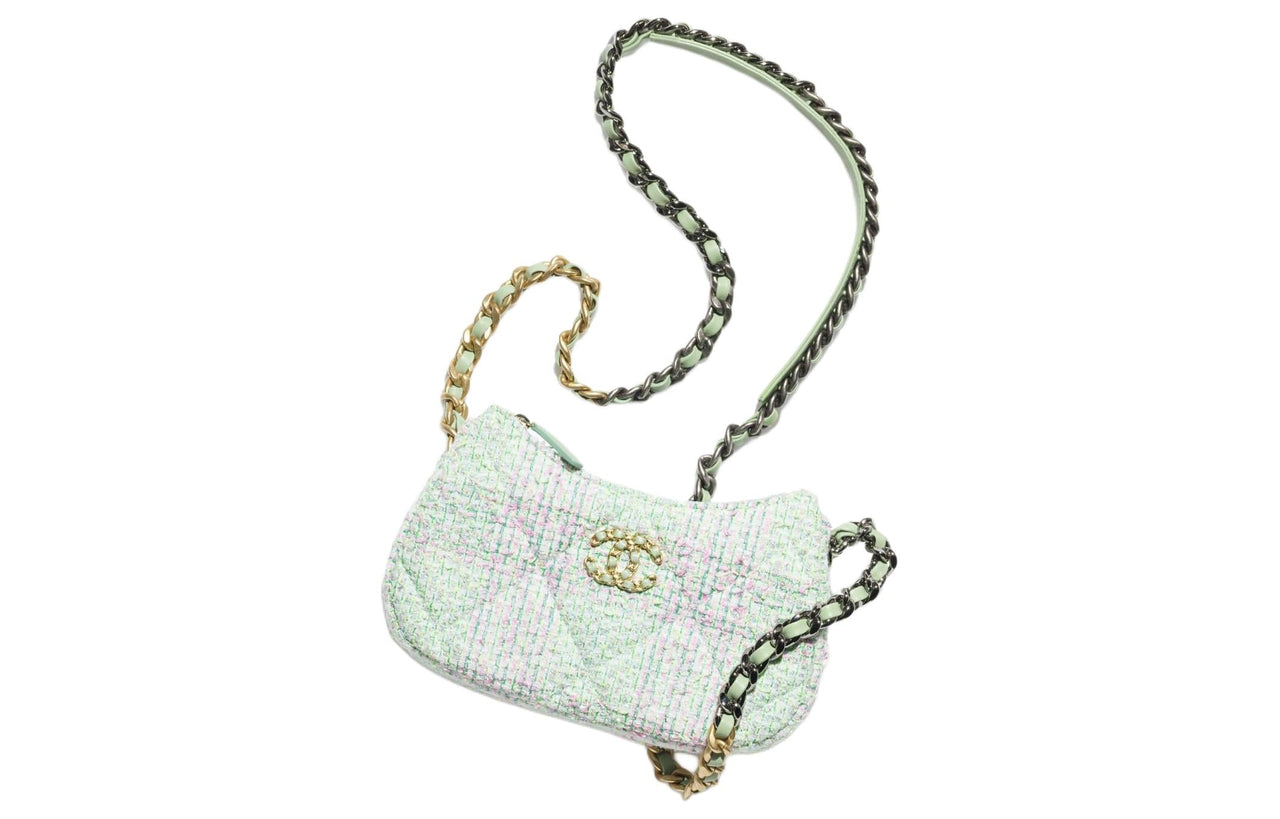 CHANEL 19Bag Tweed Pea Pod Shoulder Bag Crossbody Bag Women's Green With Pink And Turquoise Accents