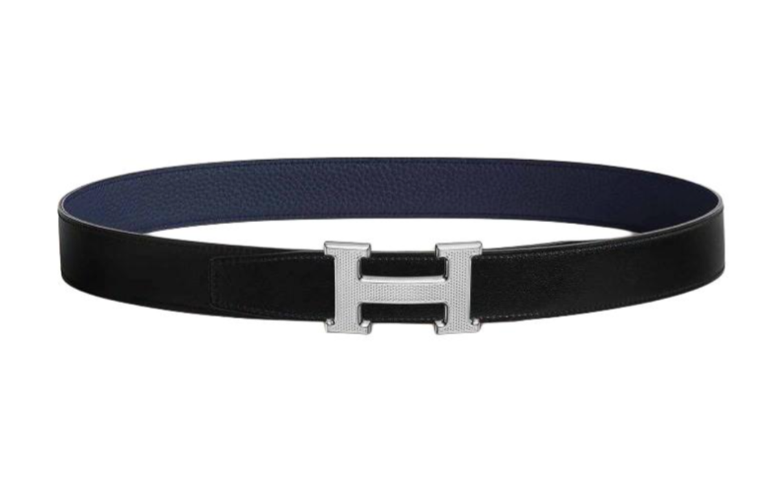 HERMES Cow Leather Belts Men's Black/Blue Width  3.2CM