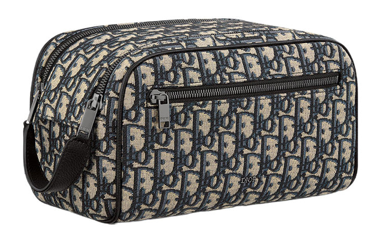 DIOR Oblique Jacquard With Grain Cow Leather Toiletry Bag Men's Beige & Black