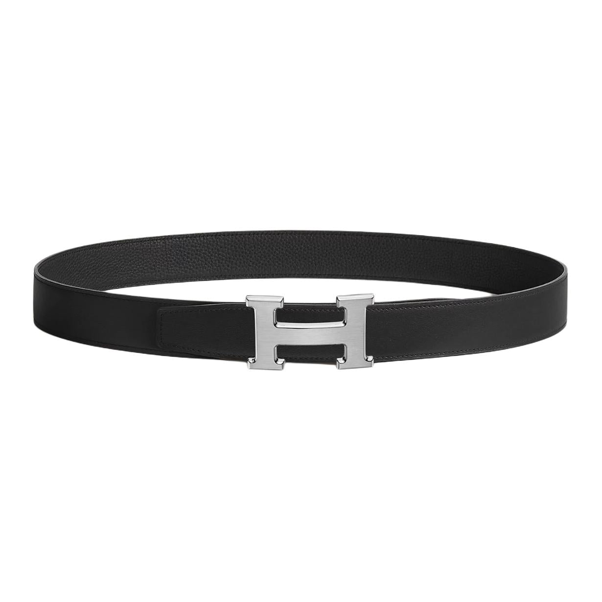 HERMES Drawn Palladium Leather Belts Men's Black Width 3.2CM