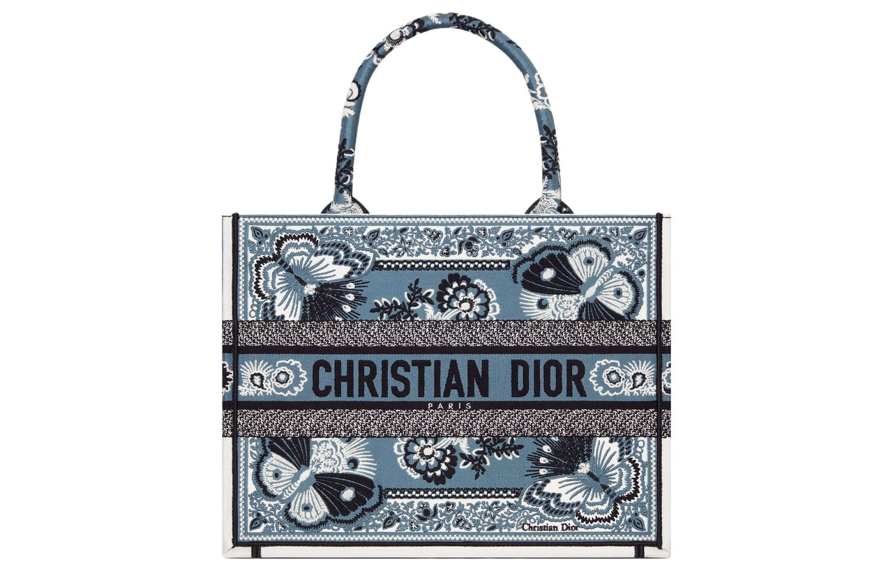 DIOR BookTote Embroidery Tote Bag Shopping Bag Handbag Medium Size Women's Denim Blue
