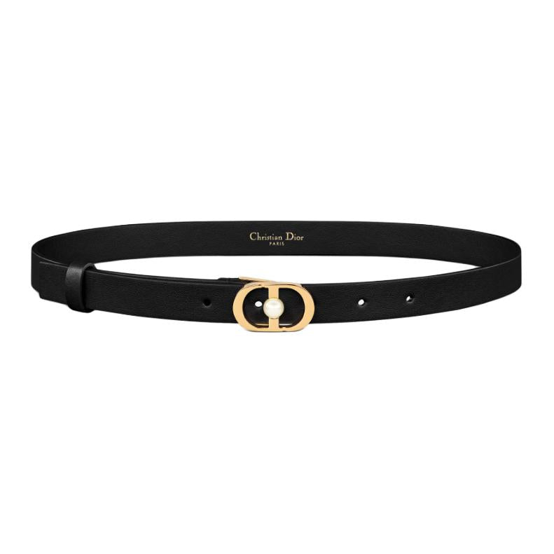 DIOR Resin Pearl Metal Calfskin Brass Aluminum Leather Belts Women's Black Width: 2CM