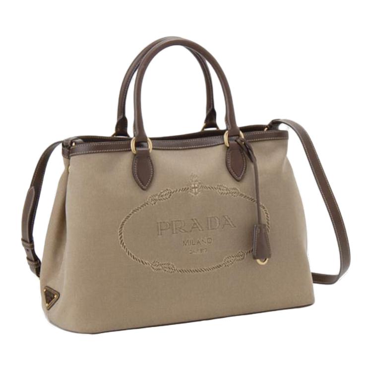 PRADA Canvas With Calfskin One Shoulder Canvas Bag Portable Tote Women's Beige Brown