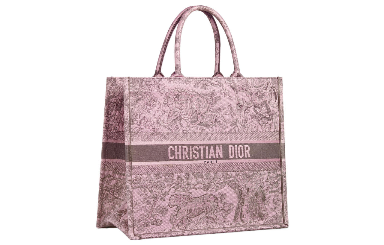 DIOR Embroidery Tote Bag, Shopping Bag, Handbag Large Size Women's Pink & Gray