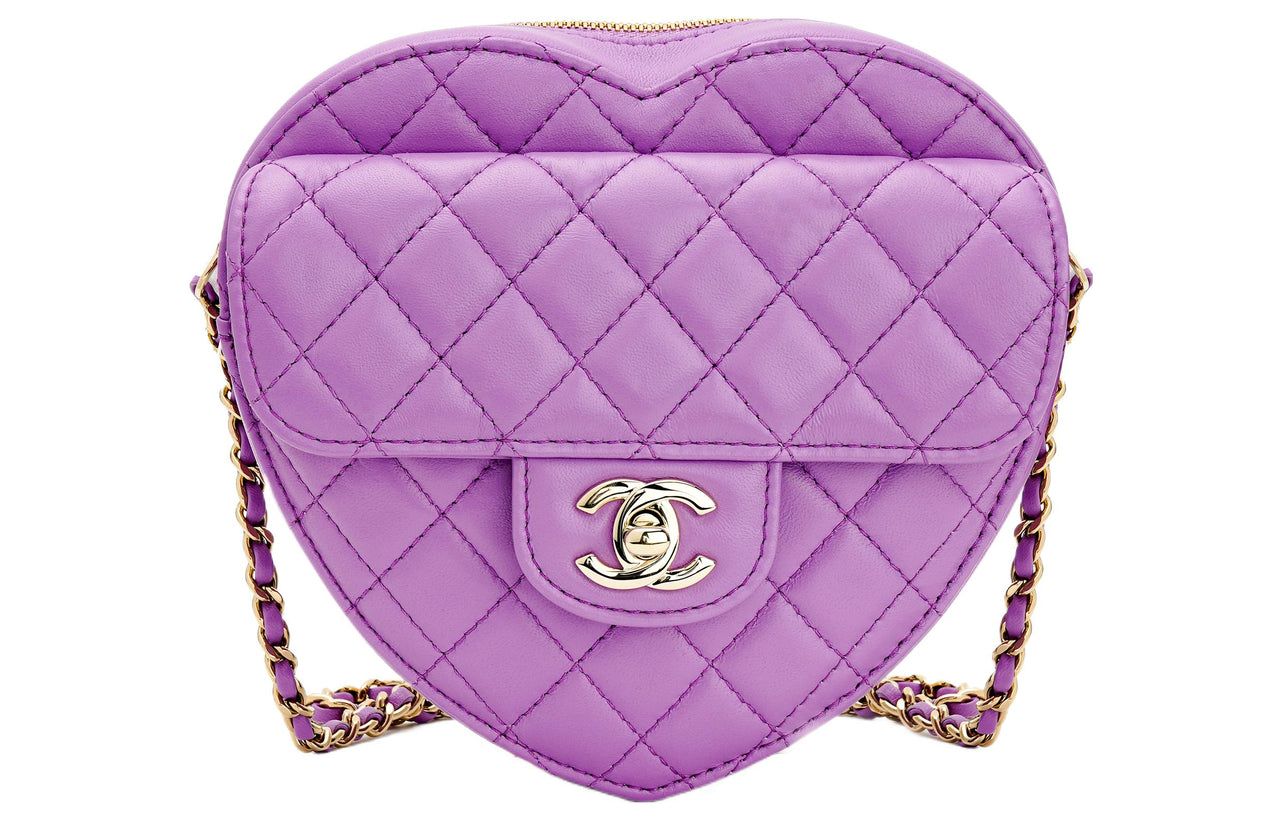 CHANEL Lambskin Heart-Shaped One Shoulder Handbag Crossbody Bag Women's Purple