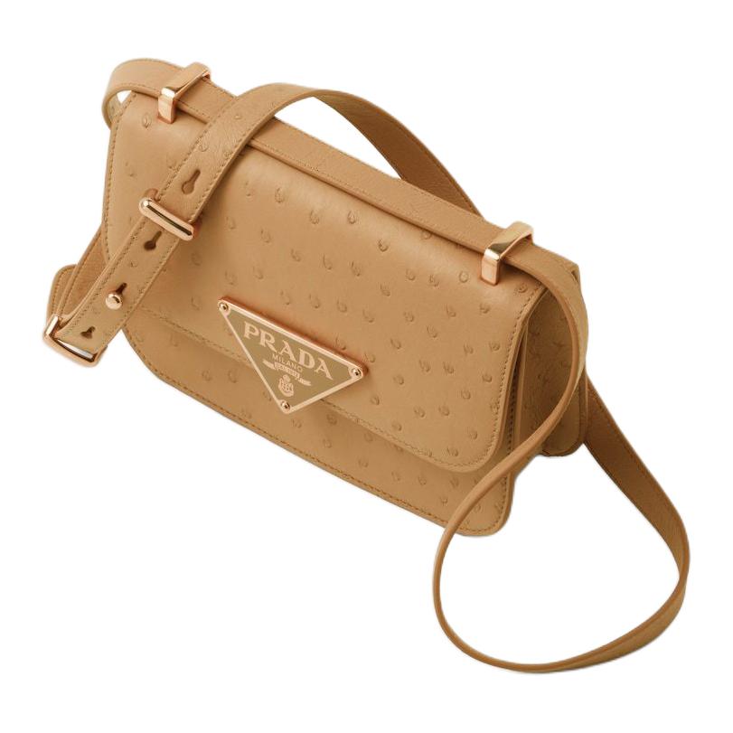 PRADA Ostrich Leather Shoulder Bag Women's Natural
