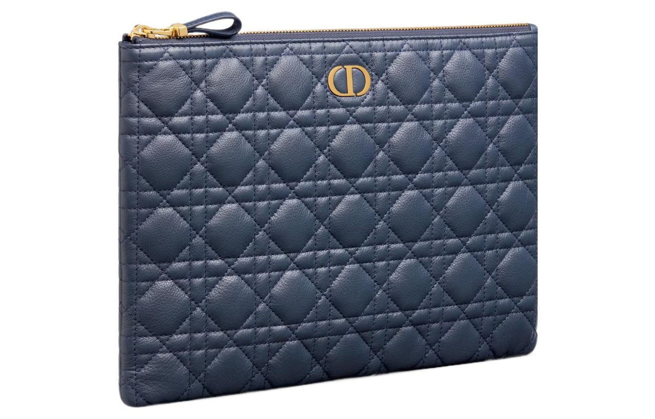DIOR Caro Cow Leather Portable Clutch Large Size Women's Deep Sea Blue