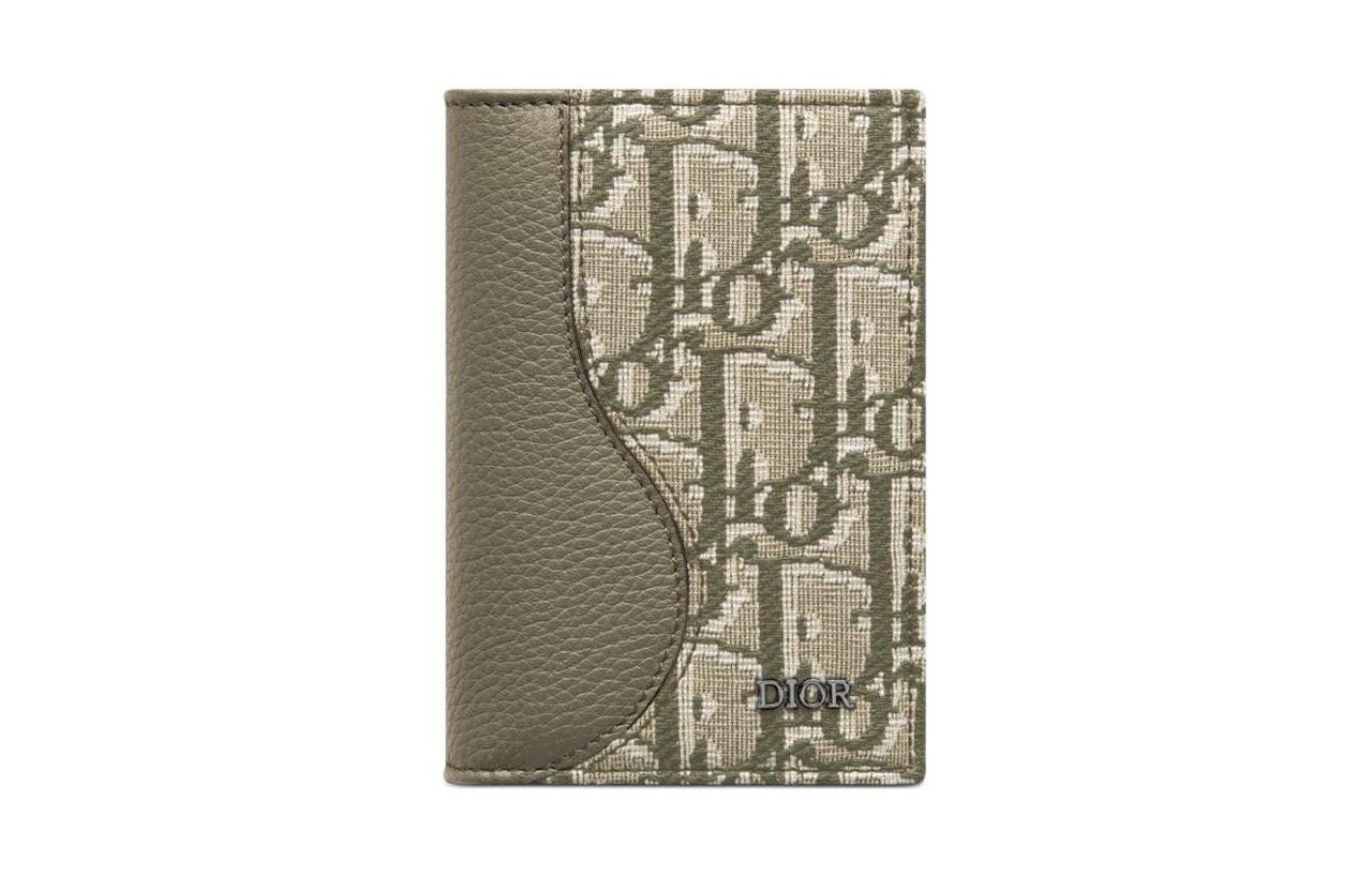 DIOR Fabric With Grain Cow Leather Card Holder Men's Khaki