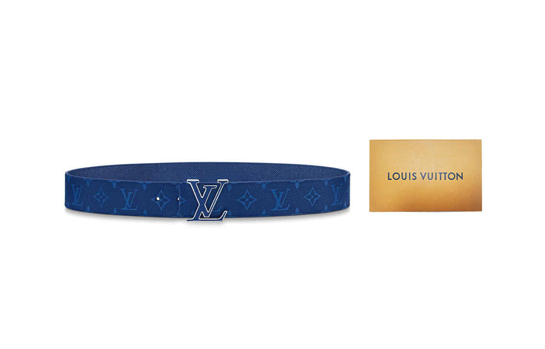 LOUIS VUITTON LV Initiales Double-Sided Smooth Buckle Cow Leather Canvas Leather Belts Men's Blue Width: 4cm